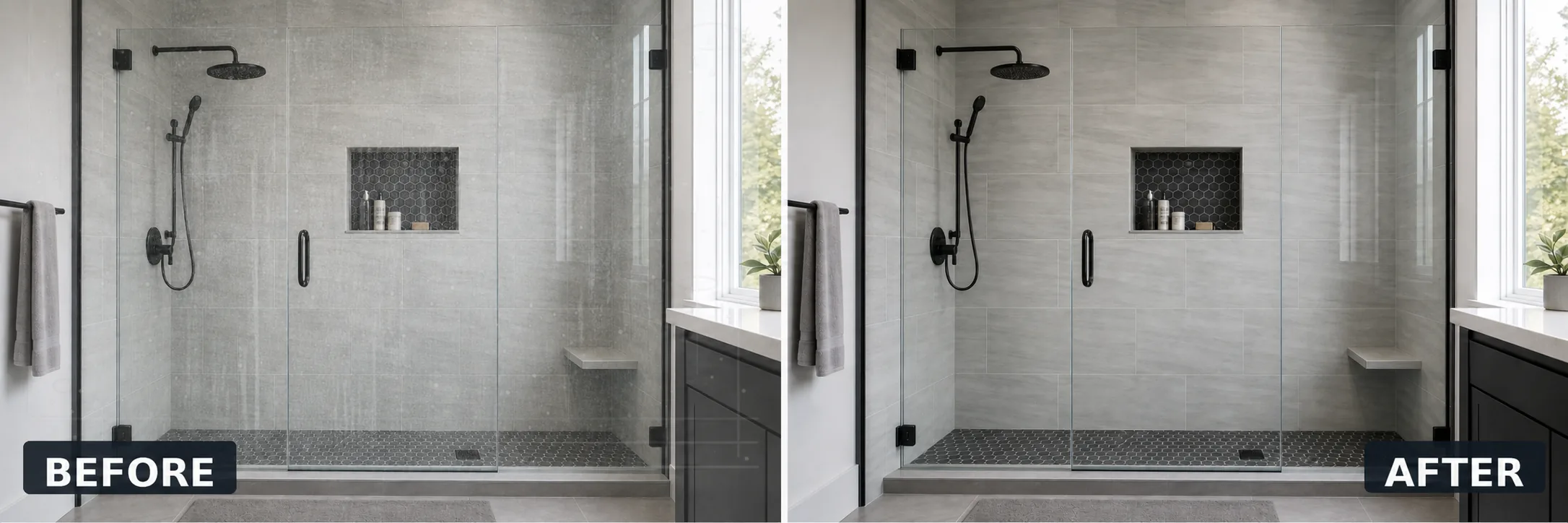 Before and after hard water stain treatment on shower glass