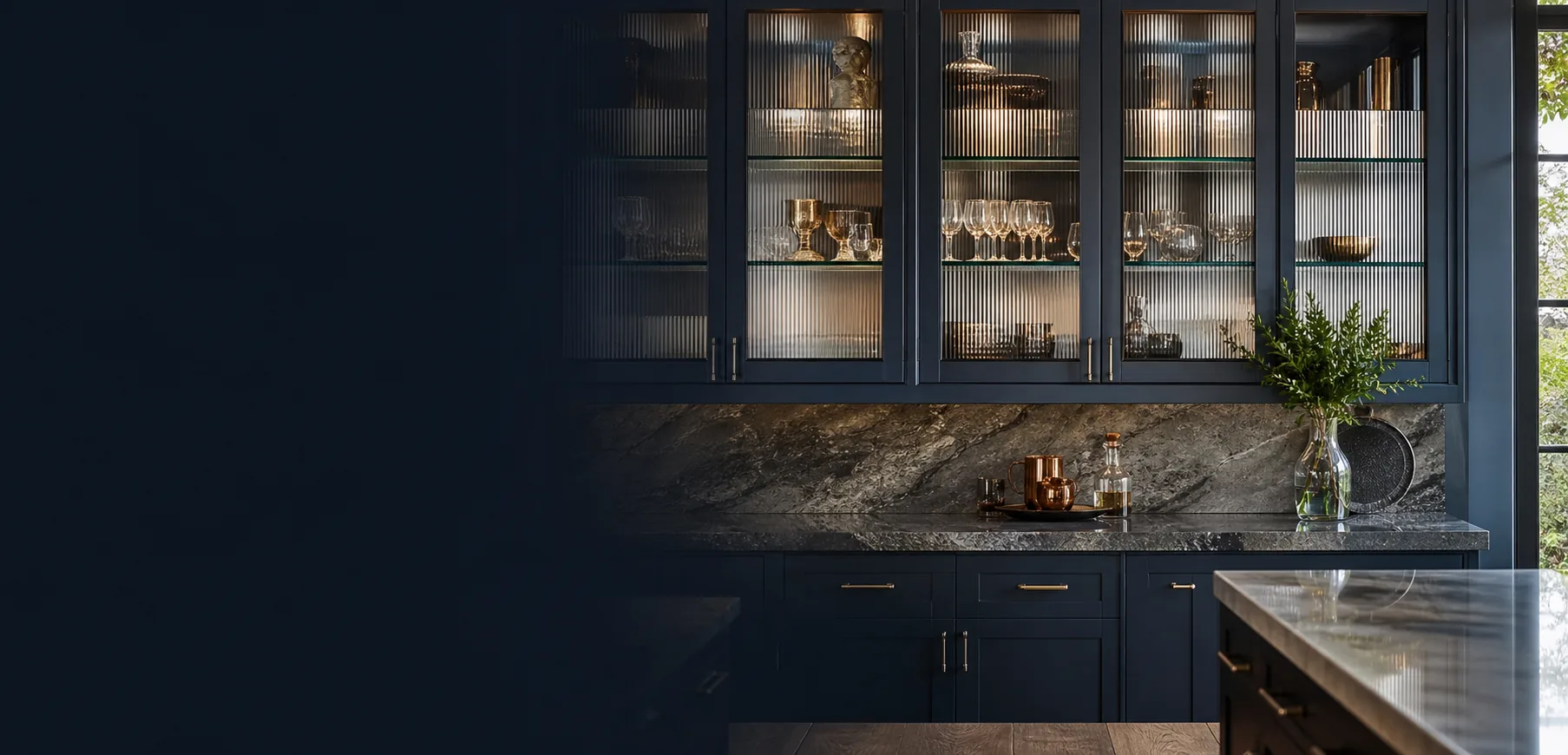 Premium cabinetry with custom cabinet glass panels
