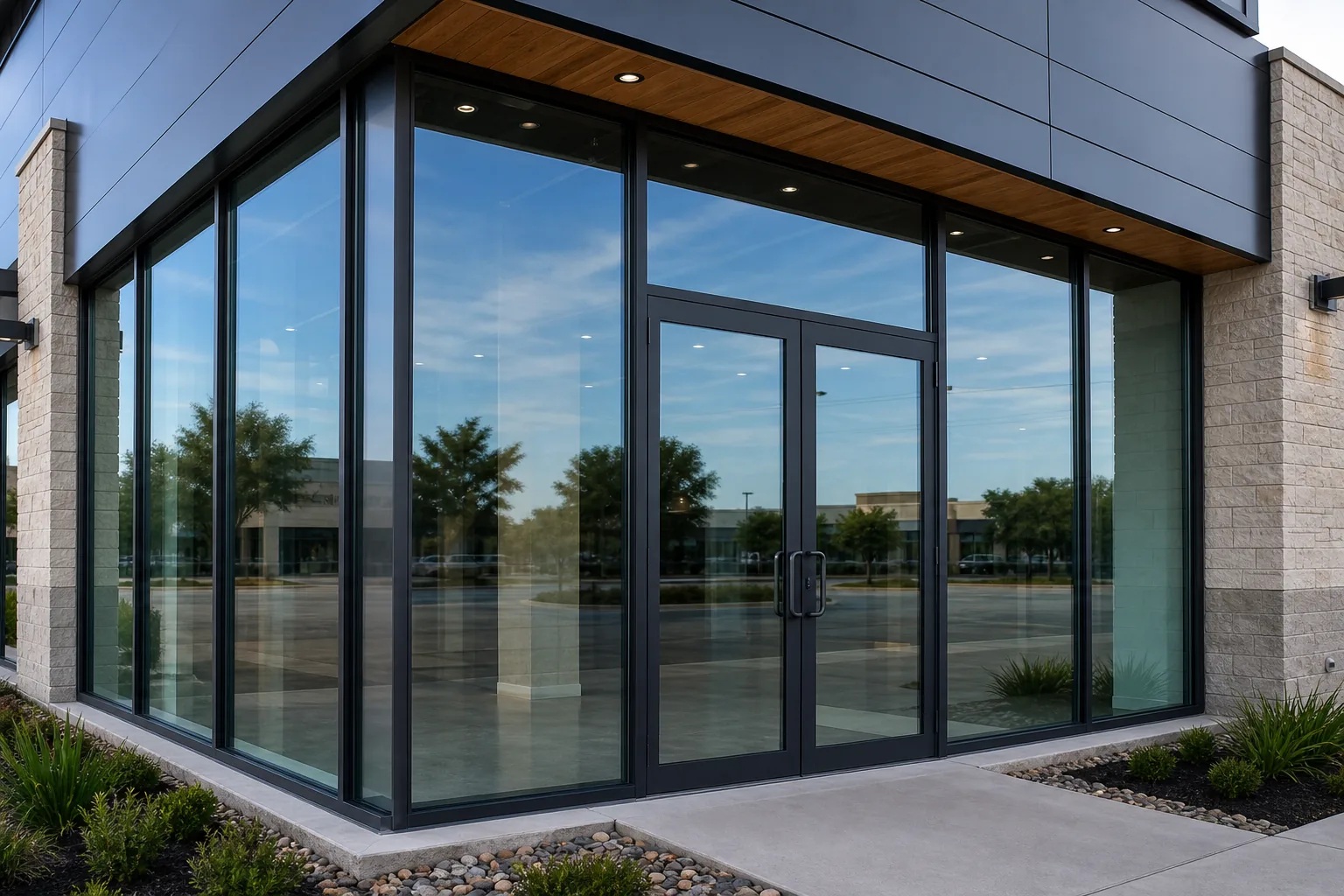 Modern storefront glass system with entry doors